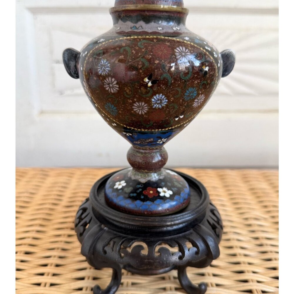 Antique Meiji 1910s Japanese Goldstone Cloisonne' Urn/ Stand Butterfly flower 7" - Picture 1 of 16